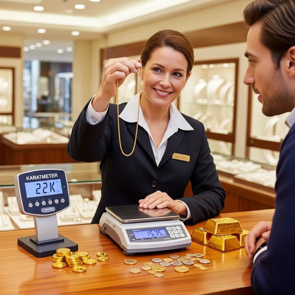 Jeweler demonstrating gold selling process with customer, showcasing Karatmeter and scale