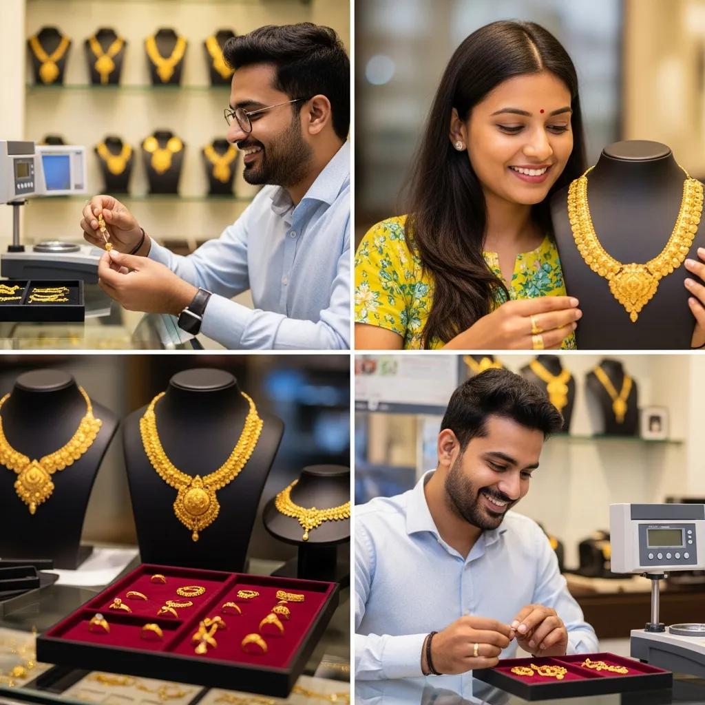 Local jeweller in Ludhiana examining gold jewellery with a customer, emphasizing trust and transparency in gold selling